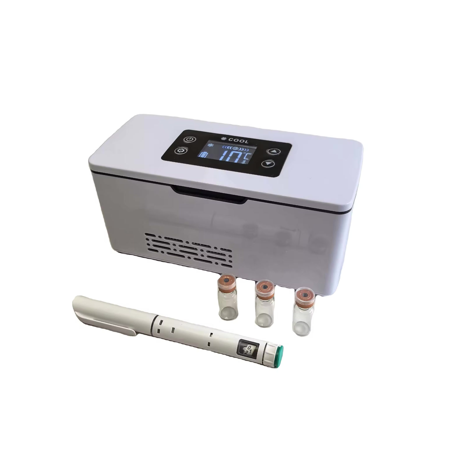 PepCool peptide fridge displaying COOL 10 °C with three peptide vials and an injection pen in front