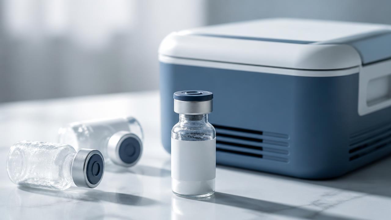 Sealed peptide vials with rubber stoppers beside a compact portable cooling unit on a white surface